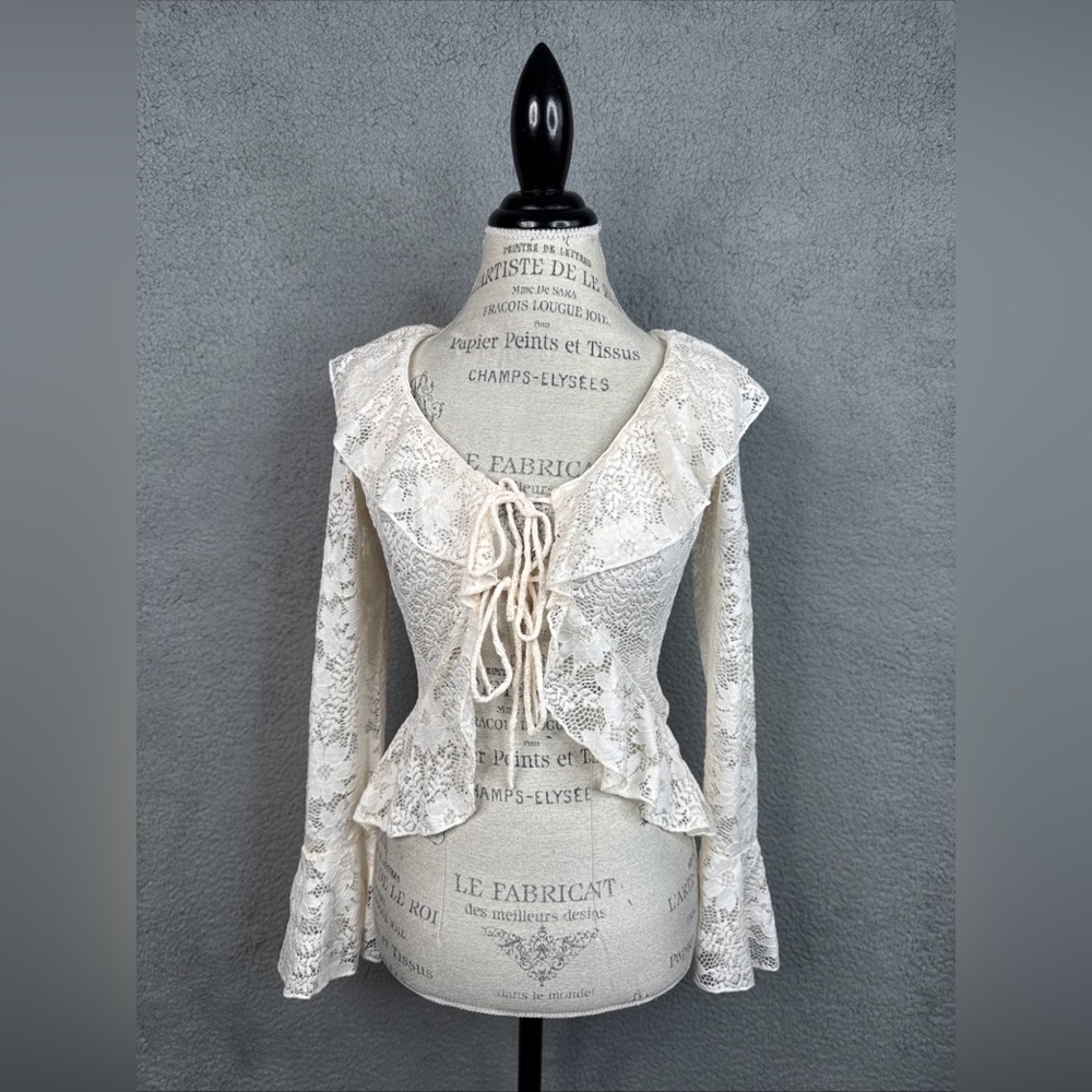 Good Luck Gem Cream Lace Tie Cardigan Sexy Sheer Women’s Small NWOT